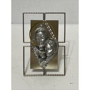 Beautiful Vintage Holy Family Pewter Aluminum On Wood Italy 5”x3”